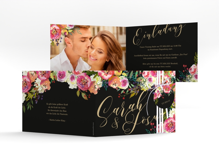 Hochzeitseinladung Flowerbomb A6 Klappkarte quer schwarz