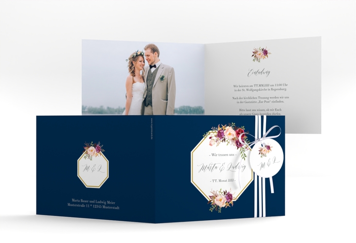 Hochzeitseinladung Prachtvoll A6 Klappkarte quer blau hochglanz