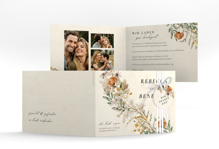 Hochzeitseinladung Wildfang A6 Klappkarte quer mit getrockneten Wiesenblumen