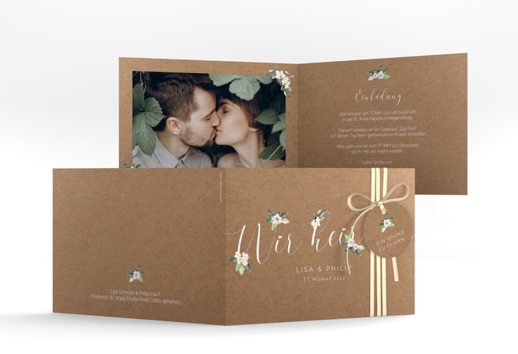Hochzeitseinladung Inlove A6 Klappkarte quer Kraftpapier hochglanz