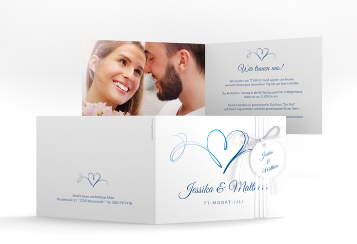 Hochzeitseinladung Envie A6 Klappkarte quer blau hochglanz