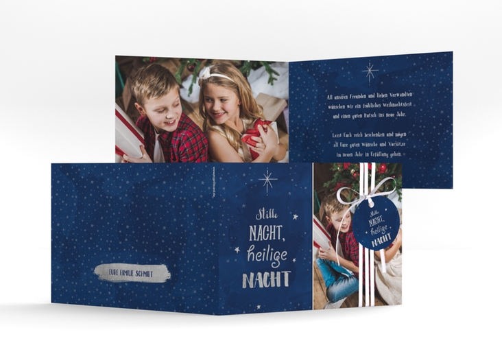 Weihnachtskarte Sternenzauber A6 Klappkarte quer blau hochglanz und silber mit Sternenhimmel-Motiv und Foto