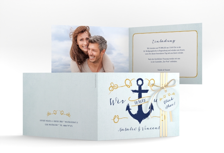 Hochzeitseinladung Anker A6 Klappkarte quer tuerkis hochglanz
