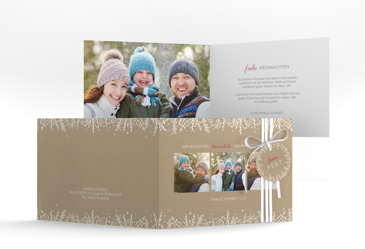 Weihnachtskarte Decor A6 Klappkarte quer Kraftpapier hochglanz mit drei Fotos und Zweig-Dekor