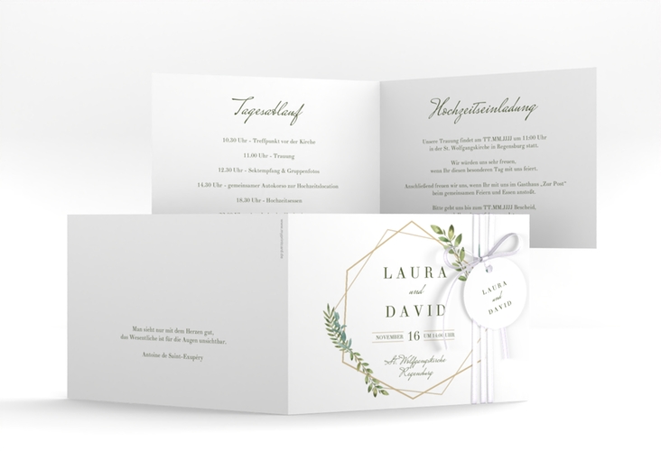 Hochzeitseinladung Herbarium A6 Klappkarte quer gold hochglanz mit geometrischem Rahmen und Blätter-Dekor