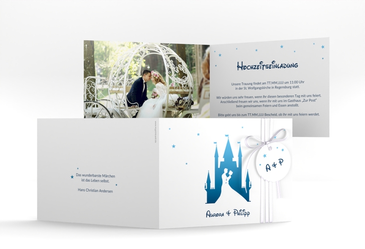 Hochzeitseinladung Castle A6 Klappkarte quer blau