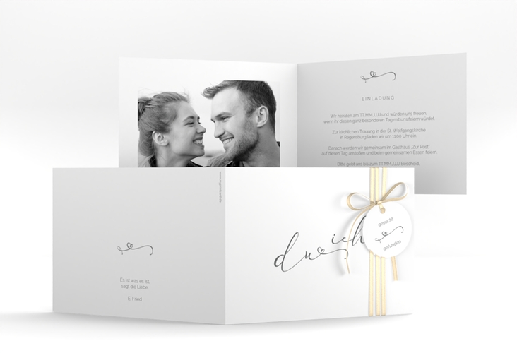 Hochzeitseinladung Zweisamkeit A6 Klappkarte quer weiss hochglanz im minimalistischen Stil mit Aufschrift du & ich