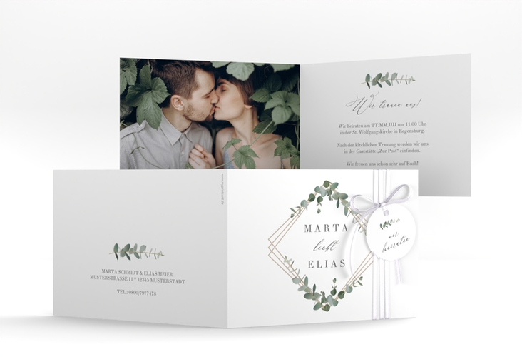 Hochzeitseinladung Eukalyptus A6 Klappkarte quer weiss hochglanz