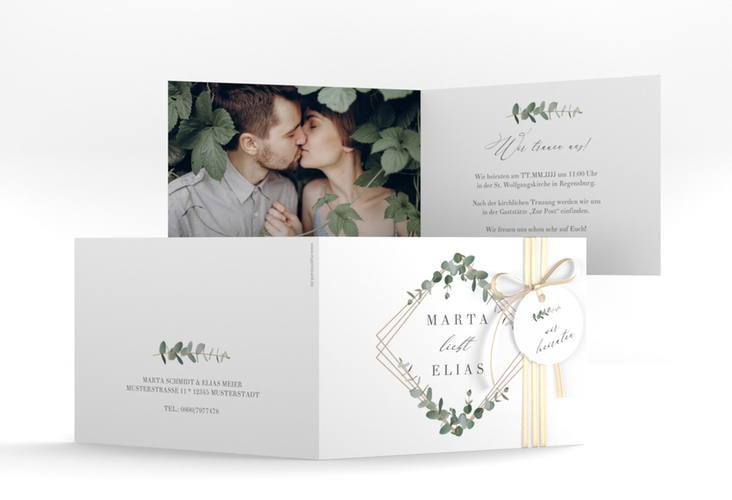 Hochzeitseinladung Eukalyptus A6 Klappkarte quer weiss hochglanz