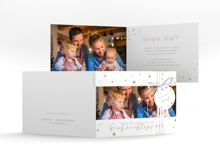 Weihnachtskarte Sternennacht A6 Klappkarte quer weiss mit Sternchen und Familienfoto
