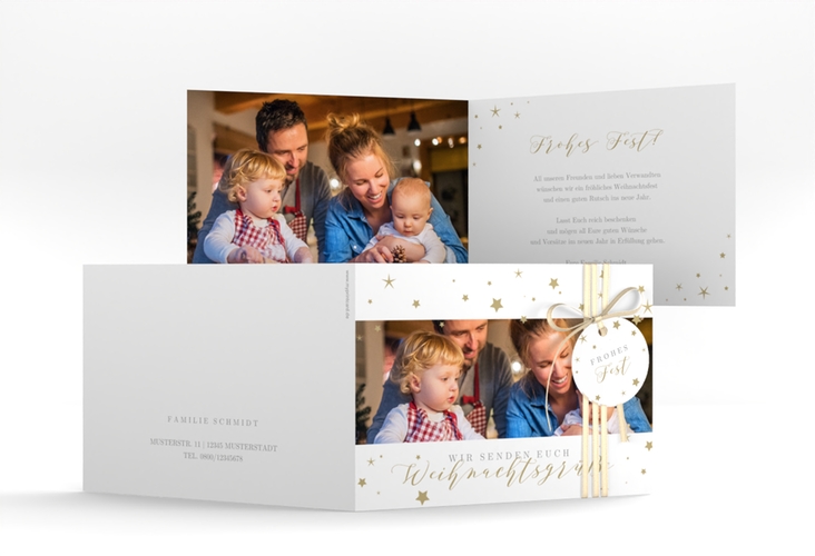 Weihnachtskarte Sternennacht A6 Klappkarte quer weiss mit Sternchen und Familienfoto