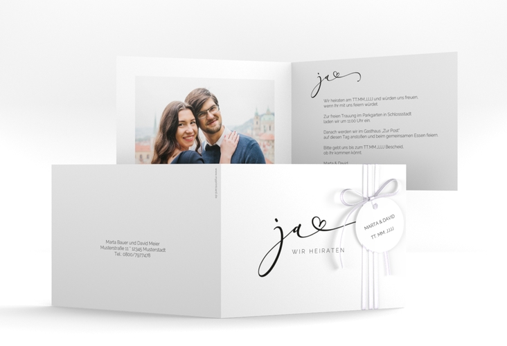 Hochzeitseinladung Jawort A6 Klappkarte quer weiss hochglanz modern minimalistisch mit veredelter Aufschrift
