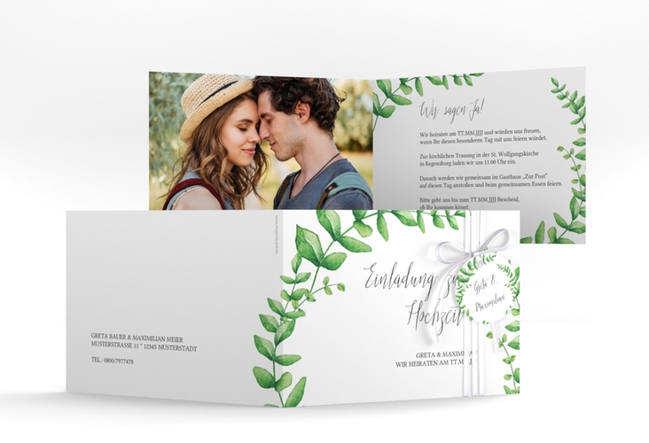 Hochzeitseinladung Botanic A6 Klappkarte quer weiss