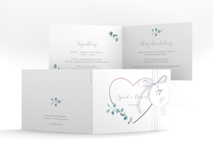 Hochzeitseinladung Greenheart A6 Klappkarte quer rosa hochglanz mit elegantem Herz und Eukalyptus-Zweig