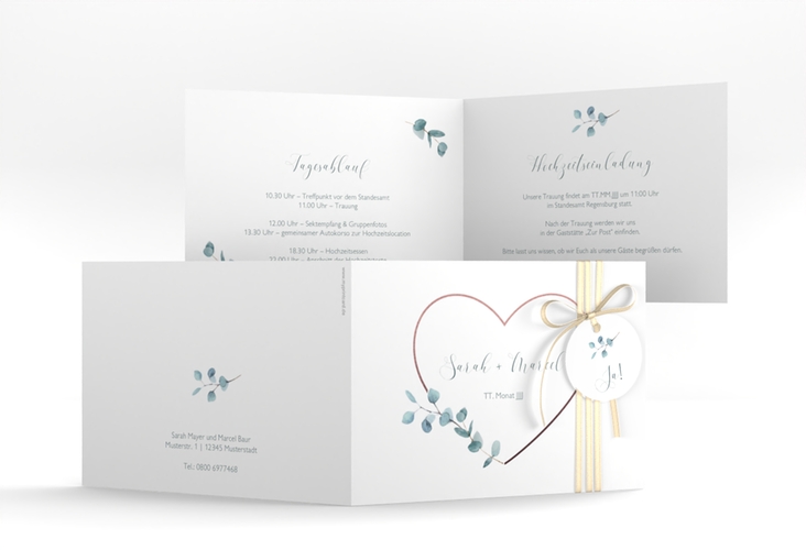 Hochzeitseinladung Greenheart A6 Klappkarte quer rosa hochglanz mit elegantem Herz und Eukalyptus-Zweig