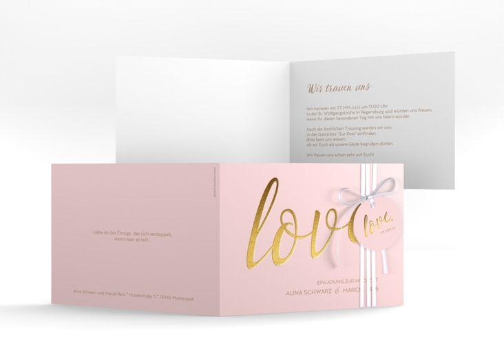 Hochzeitseinladung Glam A6 Klappkarte quer rosa hochglanz