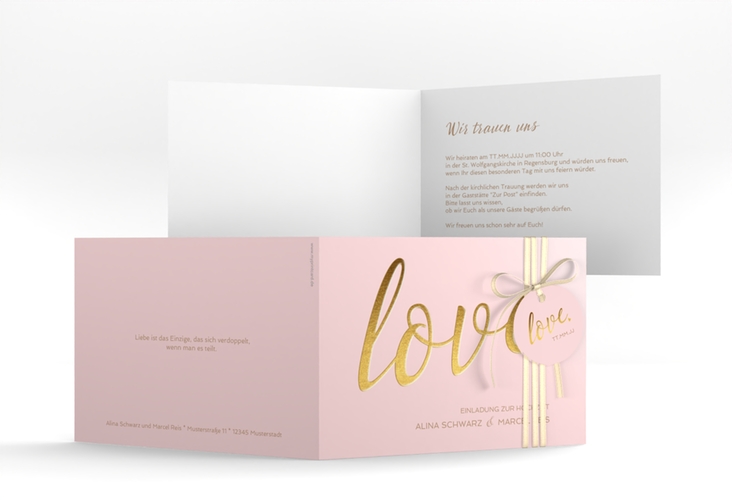 Hochzeitseinladung Glam A6 Klappkarte quer rosa hochglanz