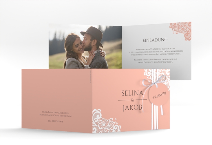 Hochzeitseinladung Vintage A6 Klappkarte quer apricot mit floraler Spitze