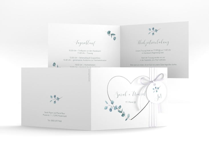 Hochzeitseinladung Greenheart A6 Klappkarte quer grau hochglanz mit elegantem Herz und Eukalyptus-Zweig