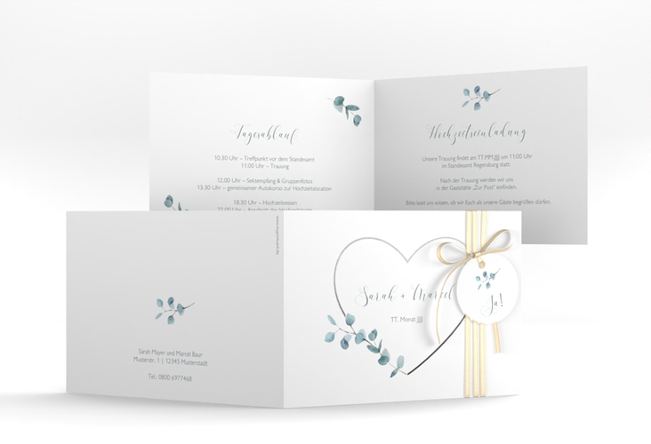 Hochzeitseinladung Greenheart A6 Klappkarte quer grau hochglanz mit elegantem Herz und Eukalyptus-Zweig