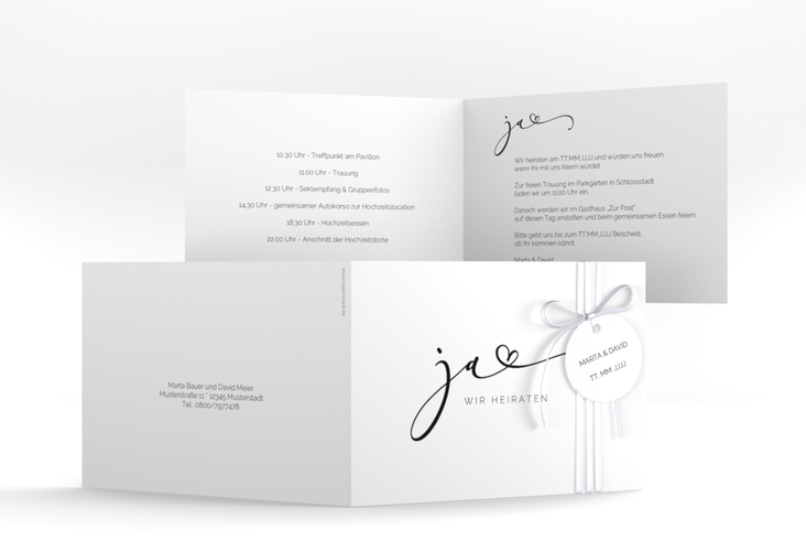 Hochzeitseinladung Jawort A6 Klappkarte quer weiss modern minimalistisch mit veredelter Aufschrift