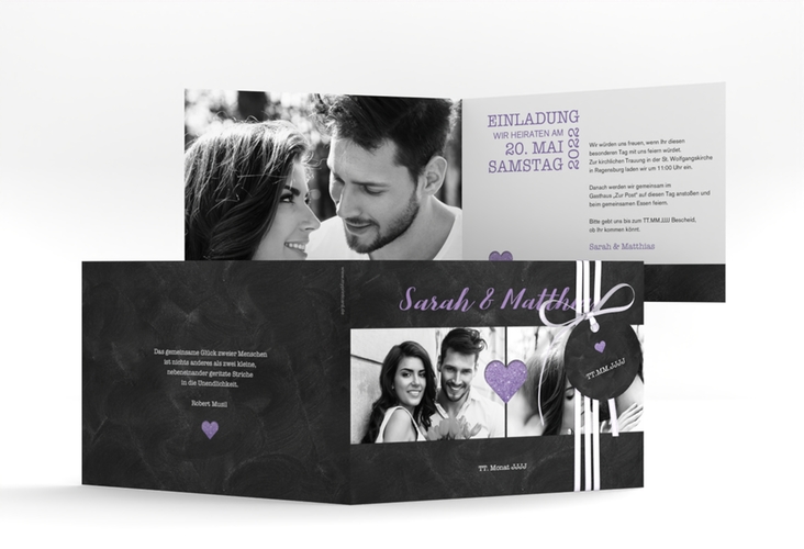 Hochzeitseinladung Sparkly A6 Klappkarte quer lila hochglanz