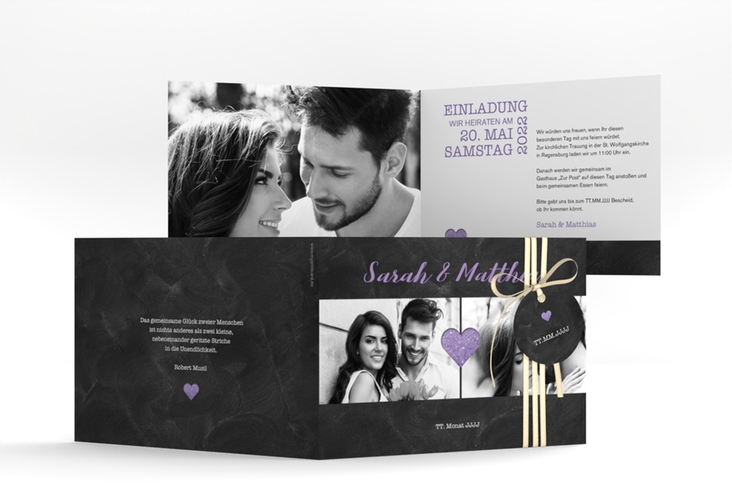 Hochzeitseinladung Sparkly A6 Klappkarte quer lila hochglanz