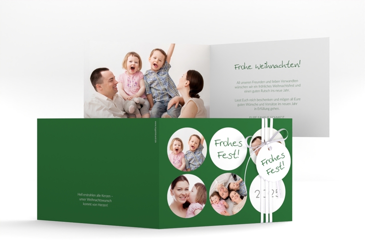 Weihnachtskarte Joy A6 Klappkarte quer gruen hochglanz mit runden Fotos