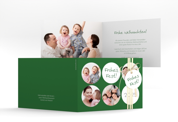 Weihnachtskarte Joy A6 Klappkarte quer gruen hochglanz mit runden Fotos