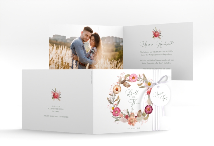 Hochzeitseinladung Trockenblumen A6 Klappkarte quer weiss hochglanz