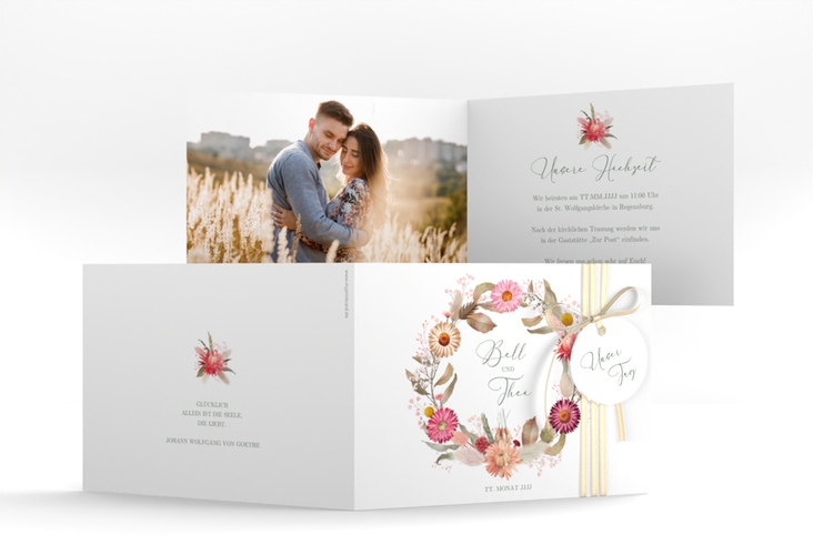 Hochzeitseinladung Trockenblumen A6 Klappkarte quer weiss hochglanz