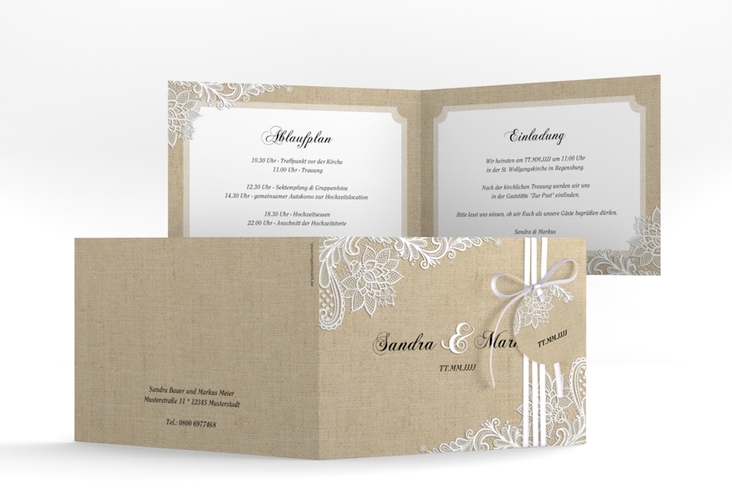 Hochzeitseinladung Lace A6 Klappkarte quer beige hochglanz in Leinen-Optik mit weißer Spitze