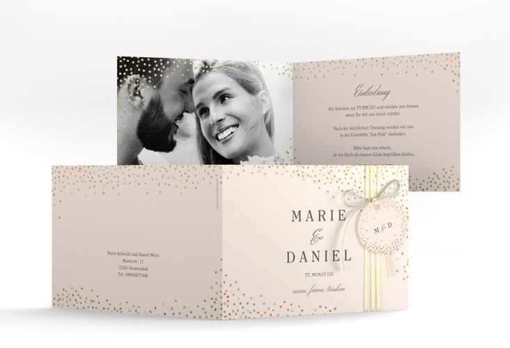 Hochzeitseinladung Glitter A6 Klappkarte quer rosa