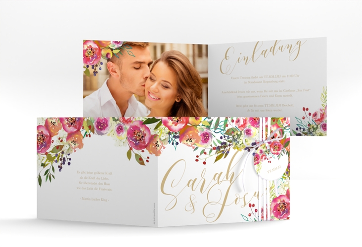 Hochzeitseinladung Flowerbomb A6 Klappkarte quer weiss hochglanz