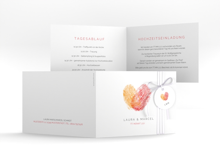 Hochzeitseinladung Fingerprint A6 Klappkarte quer rot hochglanz schlicht mit Fingerabdruck-Motiv