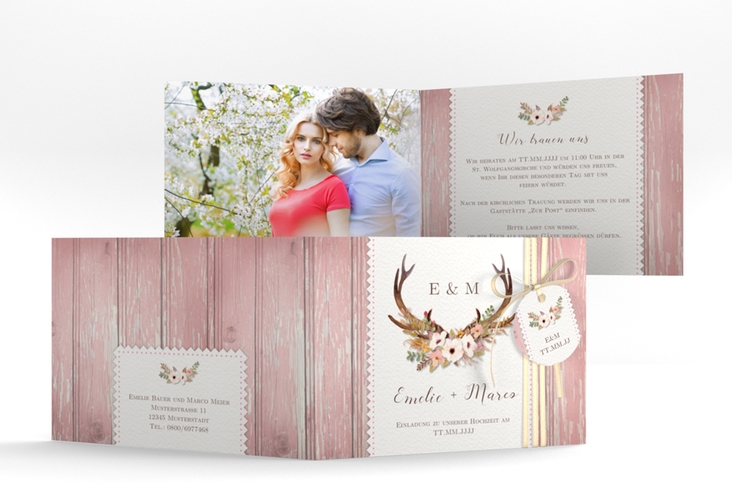 Hochzeitseinladung Heimatjuwel A6 Klappkarte quer rosa hochglanz mit Hirschgeweih und Holz-Hintergrund