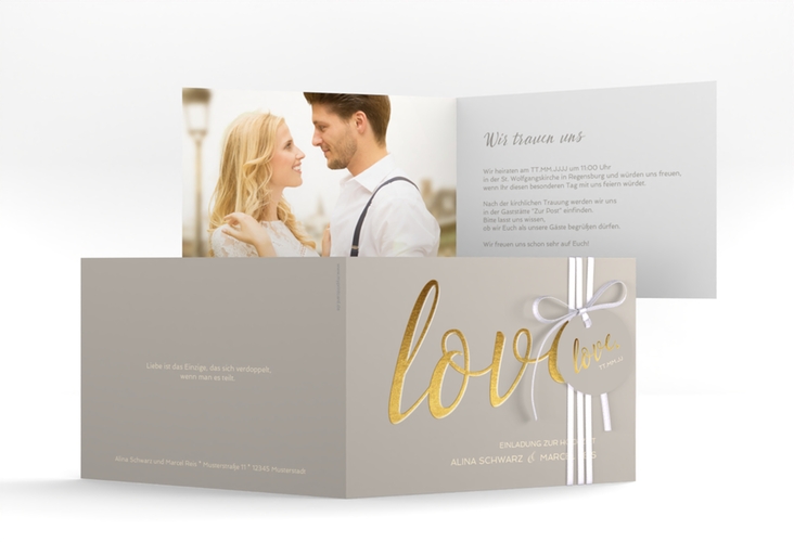 Hochzeitseinladung Glam A6 Klappkarte quer grau hochglanz
