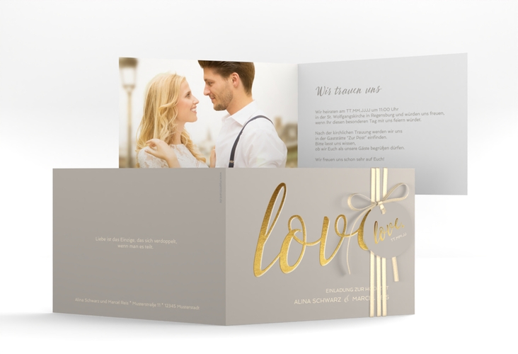 Hochzeitseinladung Glam A6 Klappkarte quer grau hochglanz