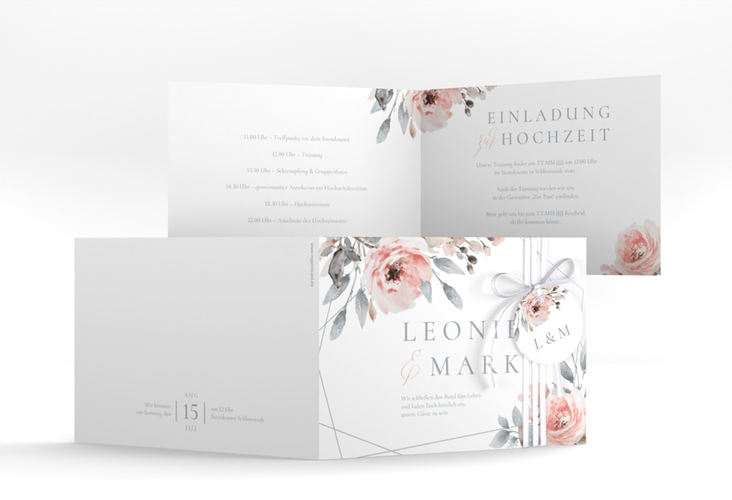 Hochzeitseinladung Perfection A6 Klappkarte quer weiss hochglanz mit rosa Rosen