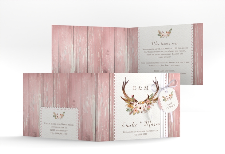 Hochzeitseinladung Heimatjuwel A6 Klappkarte quer rosa hochglanz mit Hirschgeweih und Holz-Hintergrund