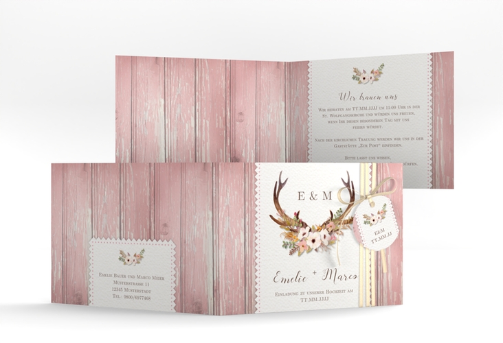 Hochzeitseinladung Heimatjuwel A6 Klappkarte quer rosa hochglanz mit Hirschgeweih und Holz-Hintergrund