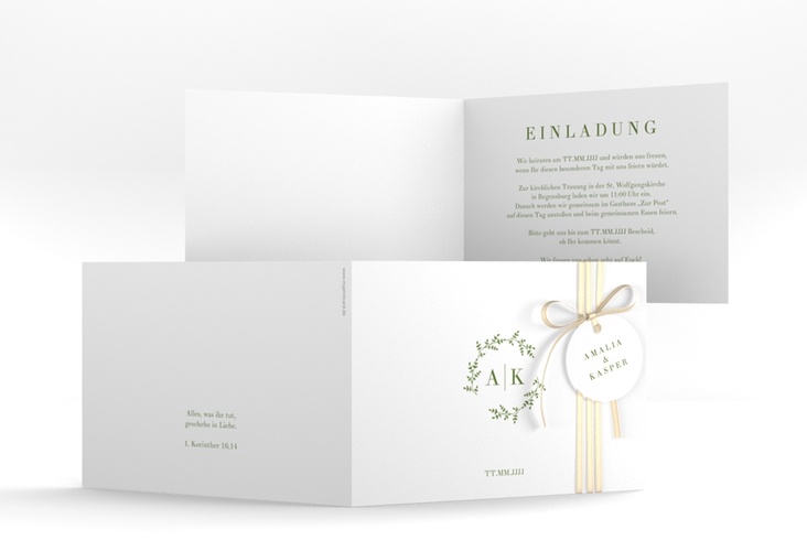Hochzeitseinladung Filigrana A6 Klappkarte quer gruen in reduziertem Design mit Initialen und zartem Blätterkranz