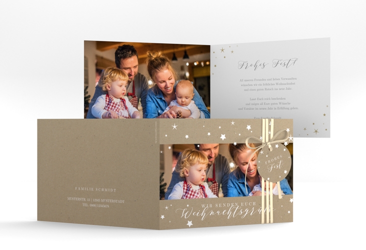 Weihnachtskarte Sternennacht A6 Klappkarte quer Kraftpapier mit Sternchen und Familienfoto