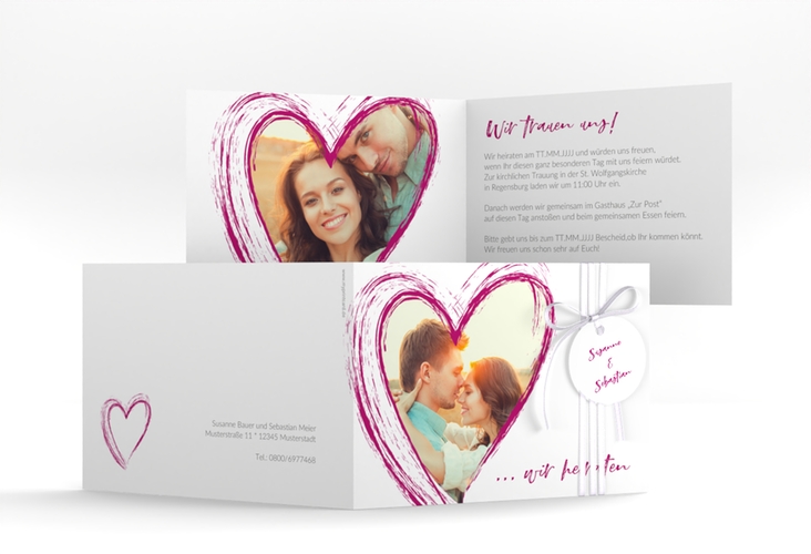 Hochzeitseinladung Liebe A6 Klappkarte quer pink