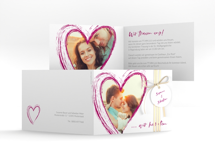 Hochzeitseinladung Liebe A6 Klappkarte quer pink
