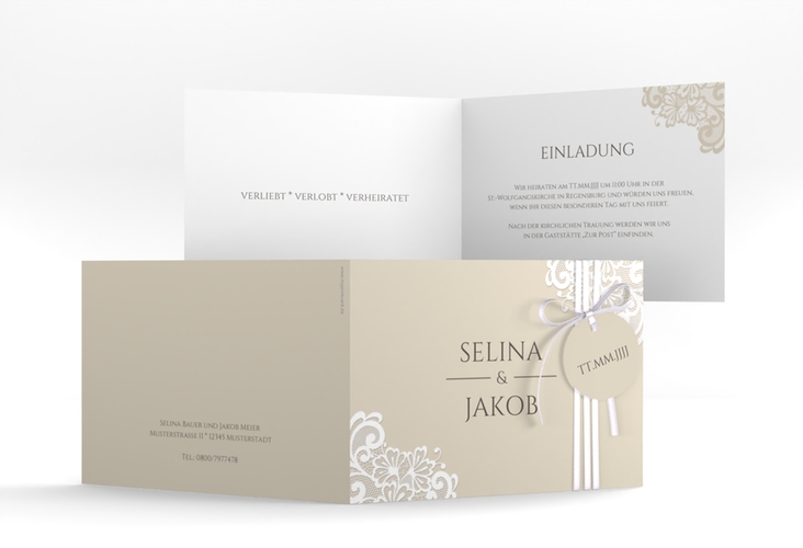 Hochzeitseinladung Vintage A6 Klappkarte quer hochglanz mit floraler Spitze