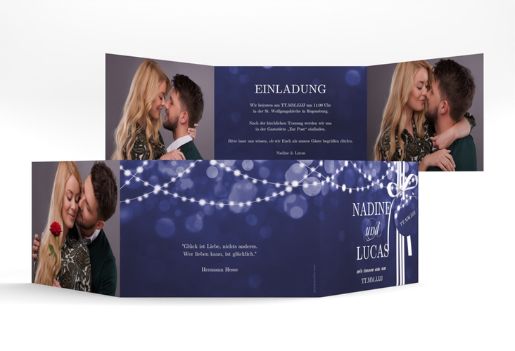 Hochzeitseinladung Lichtspiel A6 Doppel-Klappkarte blau
