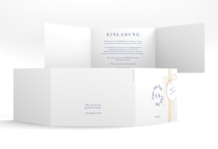 Hochzeitseinladung Filigrana A6 Doppel-Klappkarte blau hochglanz in reduziertem Design mit Initialen und zartem Blätterkranz