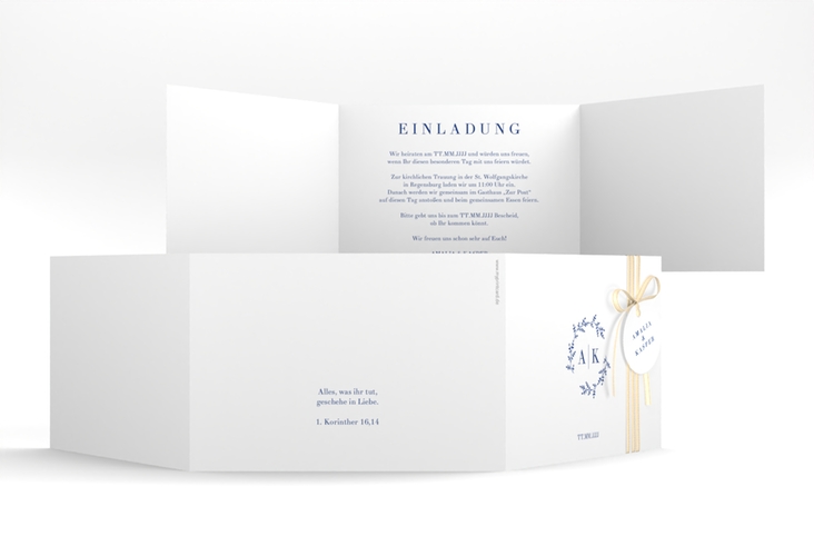 Hochzeitseinladung Filigrana A6 Doppel-Klappkarte blau hochglanz in reduziertem Design mit Initialen und zartem Blätterkranz