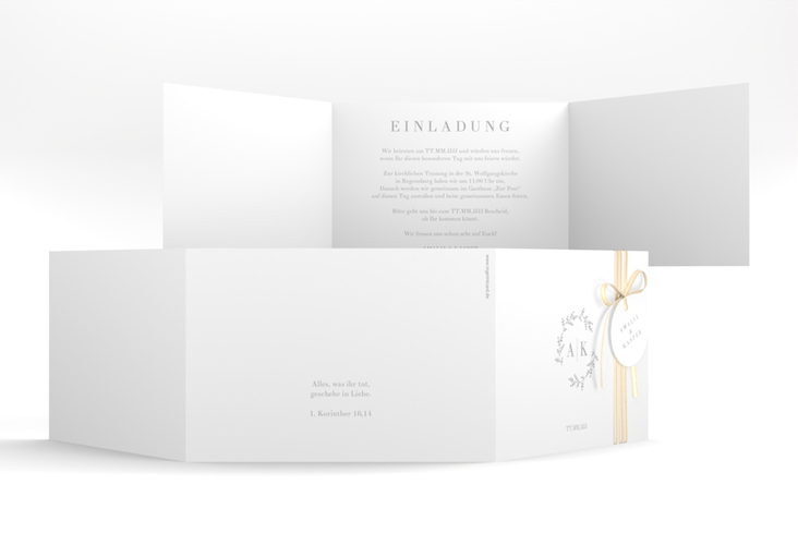 Hochzeitseinladung Filigrana A6 Doppel-Klappkarte grau in reduziertem Design mit Initialen und zartem Blätterkranz